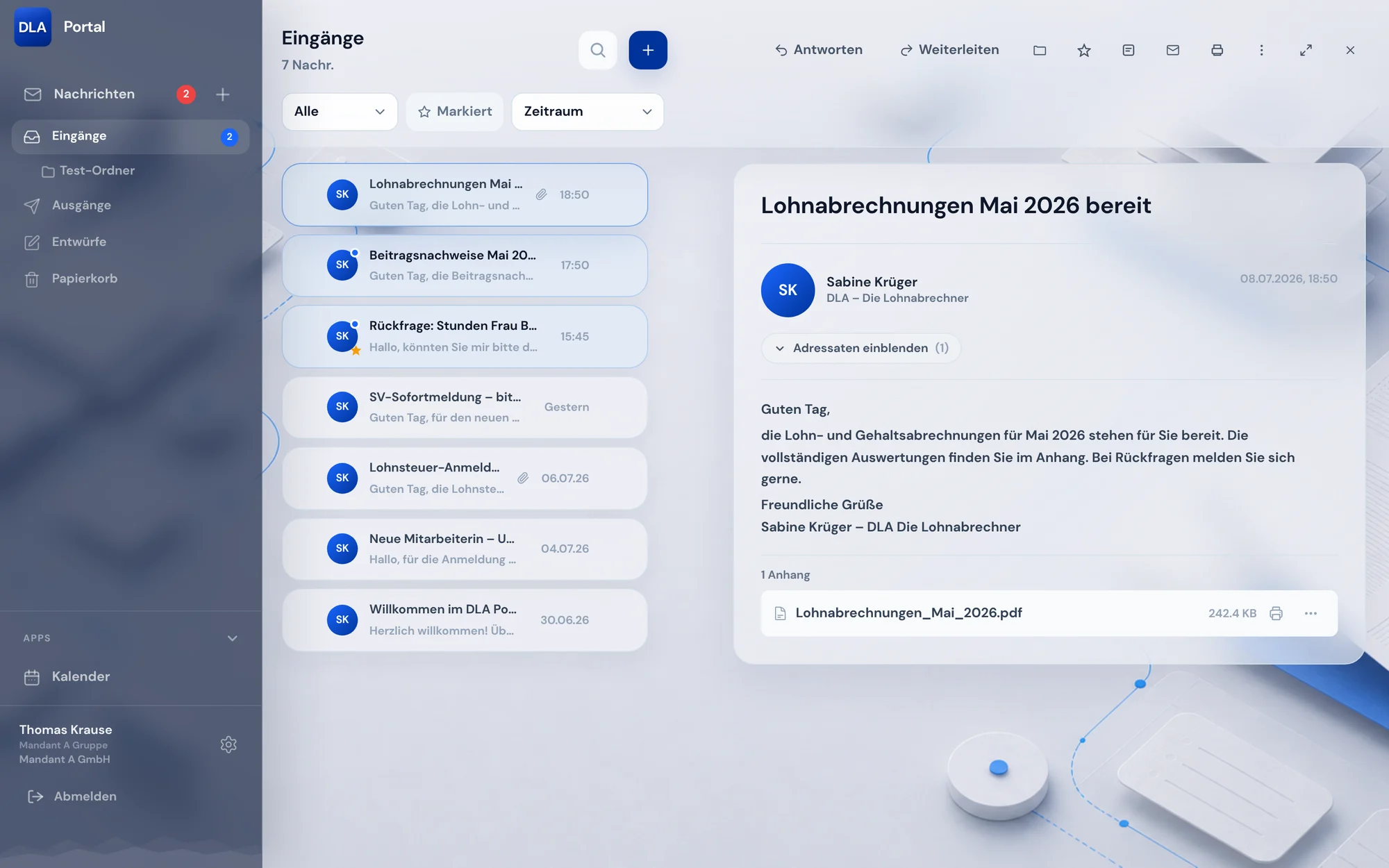 DLA Portal – Nachrichtenübersicht in der Mandantenansicht mit verschlüsselten Lohnunterlagen